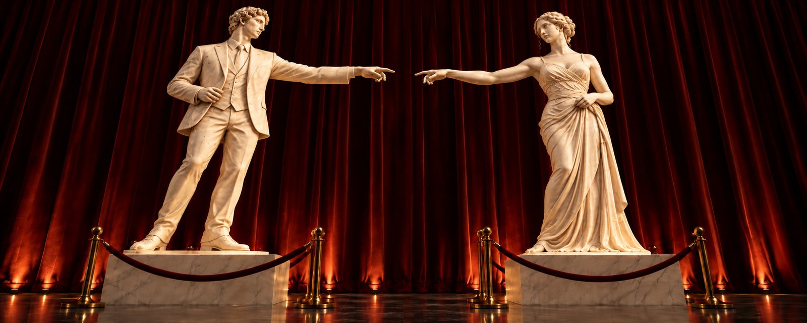 Duas estátuas de mármore, Adão e Eva, apontando uma para a outra numa sala de museu escura, com cortinas de veludo vermelho